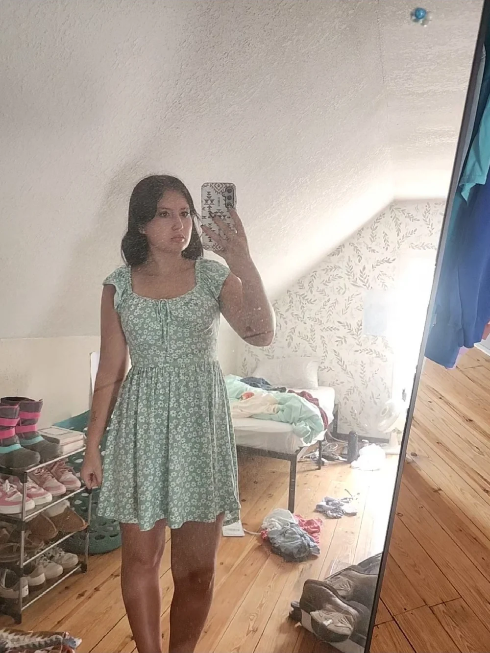 Girls' Aqua Floral Casual Sundress with Puff Straps